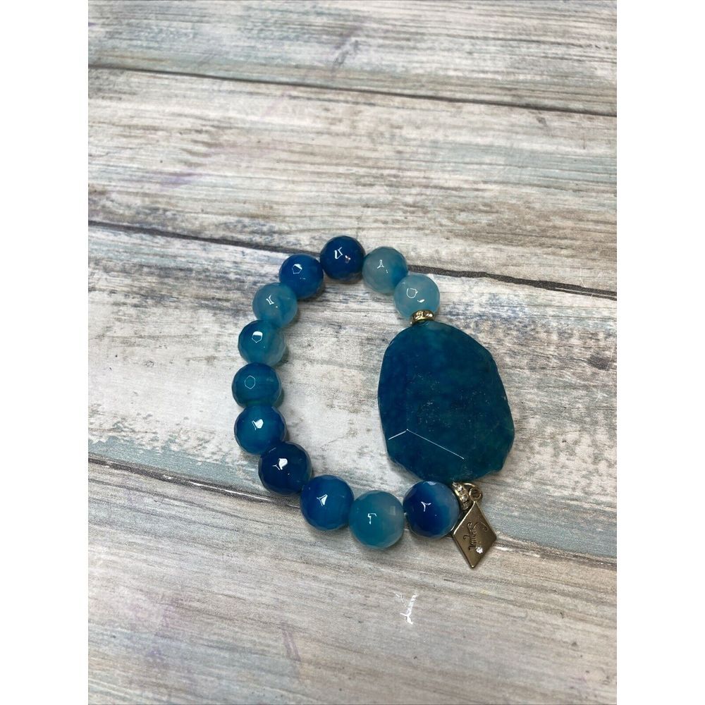 Blue Agate‎ Stretch Bracelet By Designer Sequin. Gold Tone Logo Tag Rhinestones